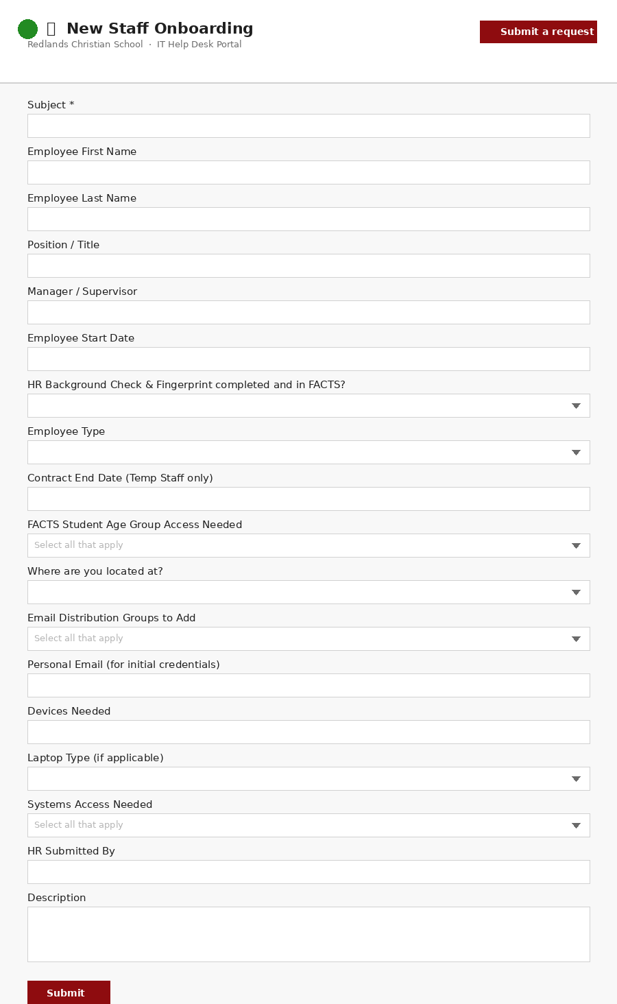 New Staff Onboarding form preview